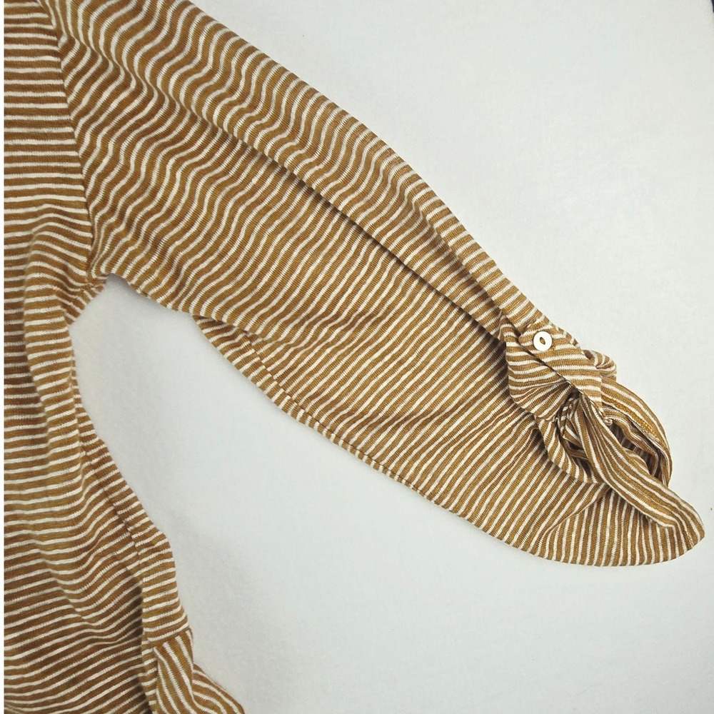 C&C California Striped Linen Hoodie Women XL Tan White Roll Tab Sleeve Pullover - Picture 5 of 9